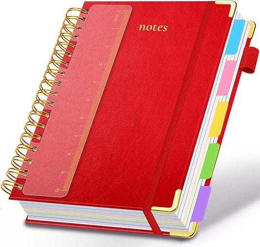 Hardcover Spiral Notebook 8.5"x11" Journal Notebook with Tabs and Removable Dividers 300 Pages 5 Subject Notebook College Ruled, Faux Leather Spiral Bound Notebook for Women School Work(Red) - Bloomnest