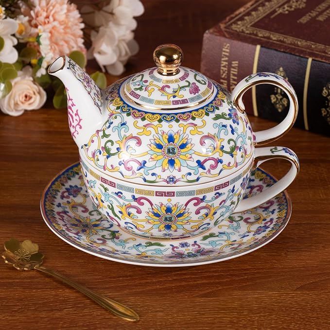 Tea for One, Porcelain Teapot and Cup Set, Vintage Tea Pot and Saucers Set, Ceramic Tea Set for Tea Party, Office and Home, White Tea Cups and Saucer Set for Coffee, Cappuccino, Tea - Bloomnest