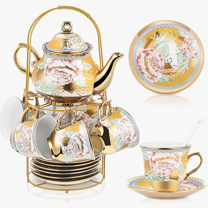Zhehao 20 Pcs Porcelain Tea Set with Metal Holder and Spoon Adult Ceramic Tea Set European Flower Painting Teapot Cup Saucer Spoon for Women, Large Version(Classic Style) - Bloomnest
