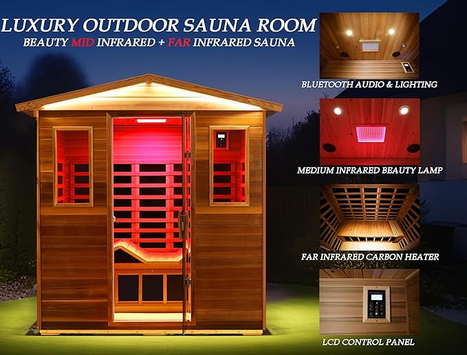 Red Cedar Ultra Low EMF Far Infrared Outdoor Sauna 3 Person with Ergonomic Seat, Mid-IR Beauty Lamp, 1950 W, 7 Infrared Carbon Plate Heaters, Chromotherapy Lamp, Reading Lamp, Bluetooth Speaker KUNSANA
