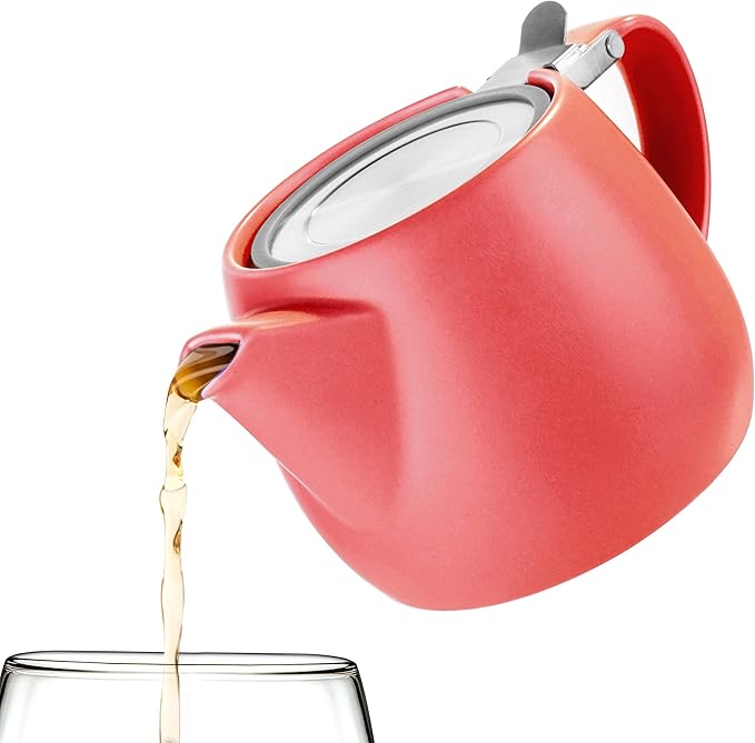 Tealyra - Pluto Porcelain Small Teapot Red - 18.2-ounce (1-2 cups) - Matte Finish - Stainless Steel Lid and Extra-Fine Infuser To Brew Loose Leaf Tea - 540ml - Bloomnest