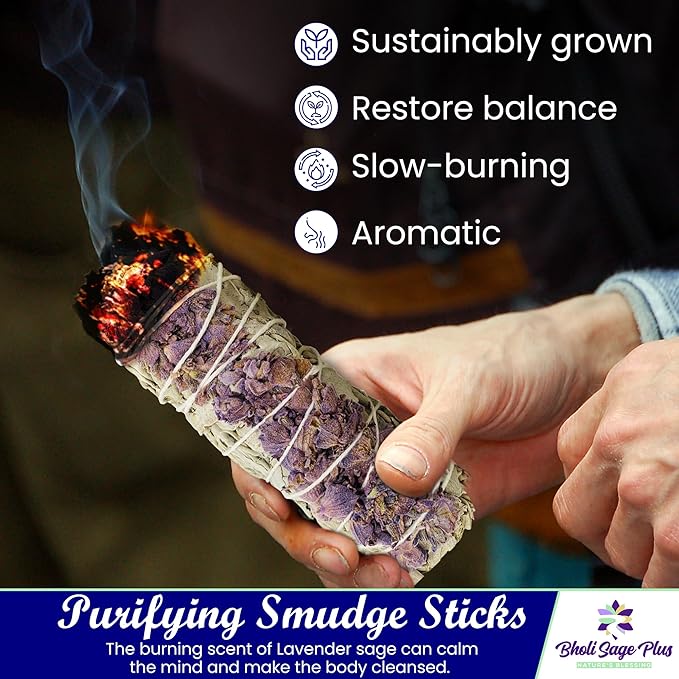 Lavender with White Sage - Bholi Sage Plus Sage Incense Sticks for Cleansing Negative Energy, Sage Sticks for House Cleansing - Lavender with White Sage Smudge Sticks Pack of 4 - Bloomnest