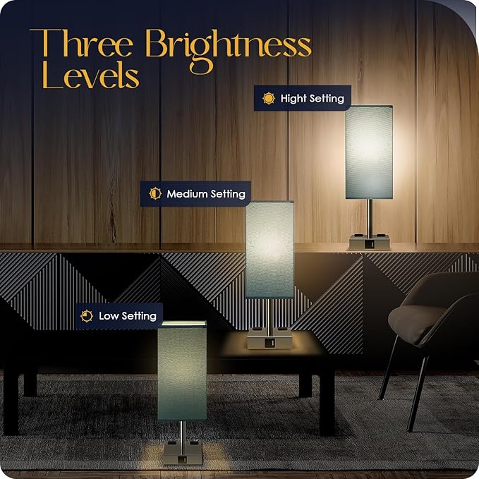 Bedside Lamp with USB Ports - Touch Control Table Lamp for Bedroom with USB C+A Charging Ports & AC Outlets, 3 Way Dimmable Nightstand Light with Flaxen Shade for Living Room (LED Bulb Included, Blue) - Bloomnest