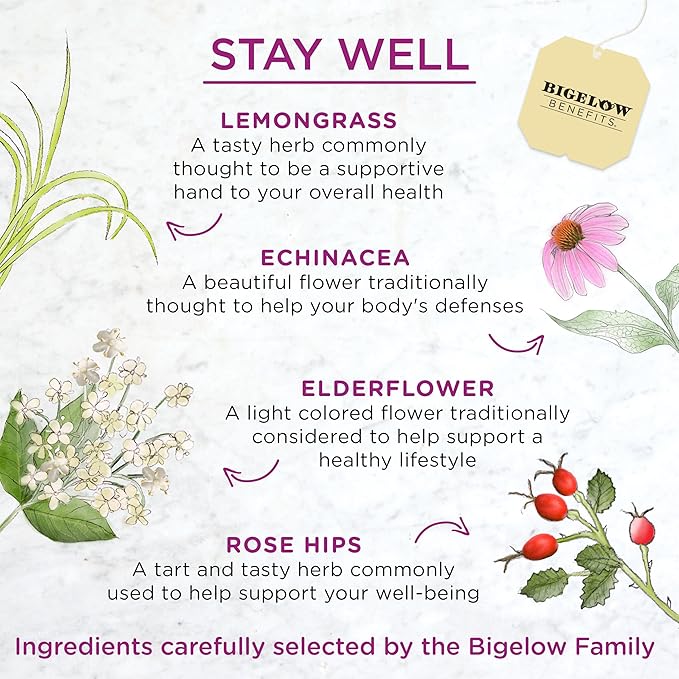 Bigelow Benefits Stay Well Lemon and Echinacea Herbal Tea, Caffeine Free, 18 Count (Pack of 6), 108 Total Tea Bags - Bloomnest