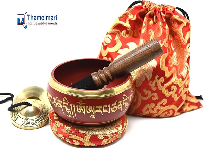 5" Tibetan Meditation Yoga Singing Bowl Set with free Om Tingsha cymbals,wooden Mallet Silk Cushion and Carry bag from Nepal, Singing bowls. TM+THAMELMART+FOR+BEAUTIFUL+MINDS