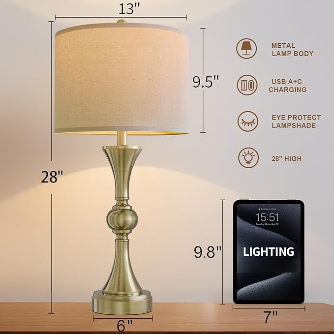 28" Table Lamps for Living Room Set of 2, Bedroom Lamps with USB A+C Ports, Modern Table Lamp,Desk Lamp, Lamps for Night Stands(Antique Bronze,No Bulbs Included) - Bloomnest