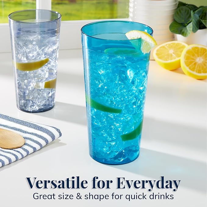 US Acrylic Cafe Plastic Reusable Tumblers (Set of 16) 20oz Water & 32oz Iced-Tea Cups Coastal Colors, Restaurant Style Drinking Glasses, Stackable, BPA-free, Made in the USA, Top-rack Dishwasher Safe - Bloomnest