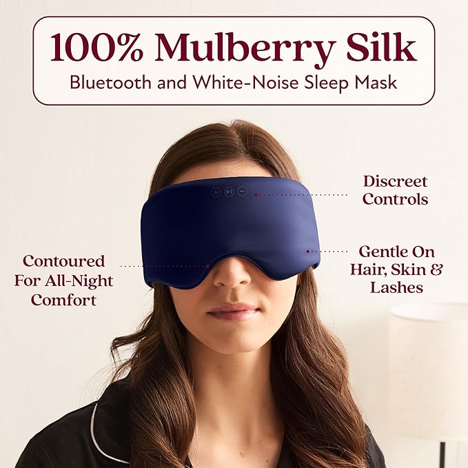 SilkSound 100% Mulberry Silk Bluetooth Sleep Mask for Side Sleepers, Sleeping Eyemask with Bluetooth Headphones, Eye Mask Headphones, Sleep Headphones for Side Sleepers, White Noise Head Phones - Bloomnest