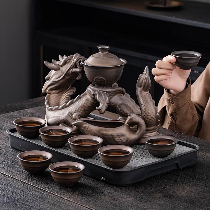 Dragon Tea Sets with Infuser Semi Automatic Tea Set Magic Teapot with 8 cups (Antique Brass Dragon- A) - Bloomnest