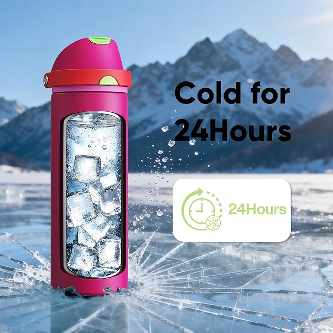 Insulated Water Bottle with Straw - Encool Stainless Steel Water Bottle with Push Button Lid, Leak-Proof & BPA-Free, Keeps Cold for 24 Hours for Sports, Travel, Gym (24 oz, Cerise Pink) ENCOOL