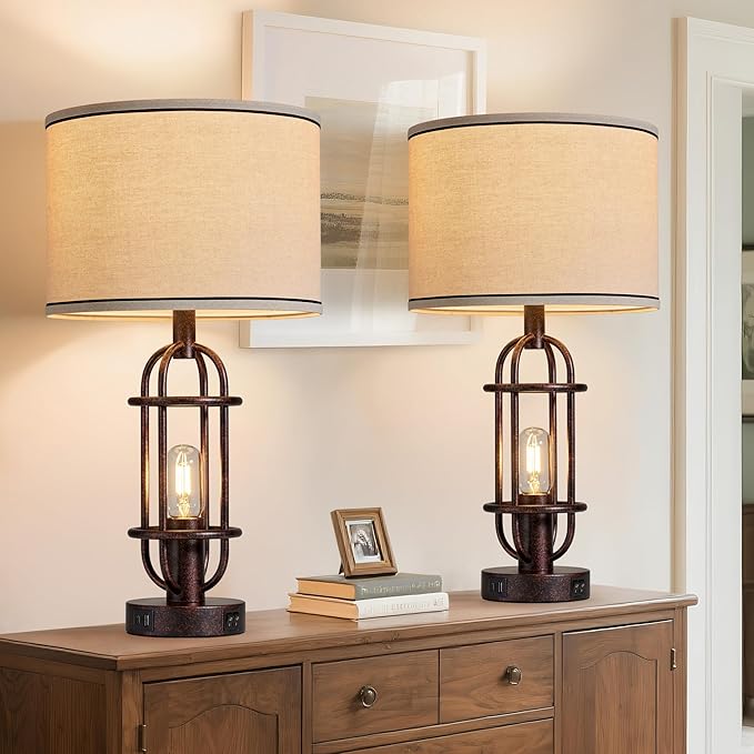 22.3" Table Lamps for Living Room Set of 2, Farmhouse Lamps for Nightstand, Vintage Table Lamps for Bedroom with USB Ports, Bulbs Included - Bloomnest