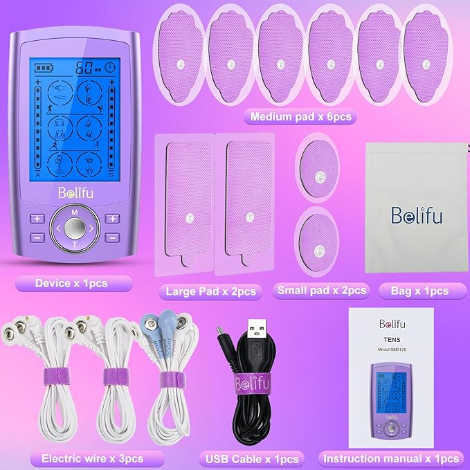 Belfiu TENS & PMS 24 Modes Muscle Stimulator for Pain Relief Therapy, Electronic Pulse Massager Muscle Massager with 10 Pads, Dust-Proof Drawstring Storage Bag, Fastening Cable Ties Belifu