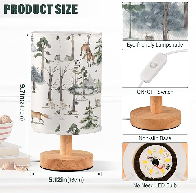 Table Lamp Watercolor Woodland Animal Pattern Fox Rabbit Hedgehog Bird Nightstand Lamp with Wood Base Fabric Lamp Shade Bedside Desk Lamp for Living Room Bedroom Kids Room Office - Bloomnest