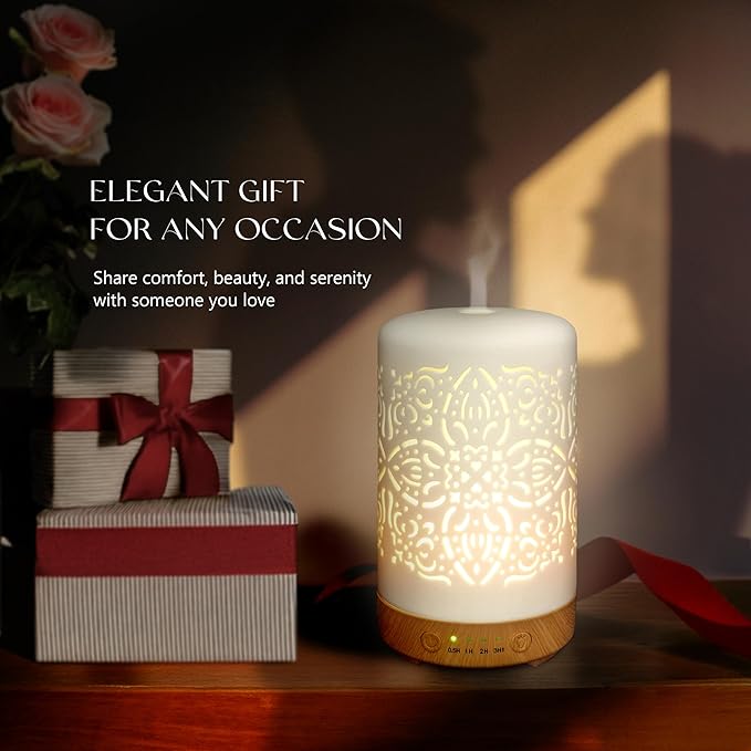 Earnest Living Essential Oil Diffuser White Ceramic Diffuser 100 ml Timers Night Lights and Auto Off Function Home Office Humidifier Aromatherapy Diffusers for Essential Oils - Bloomnest