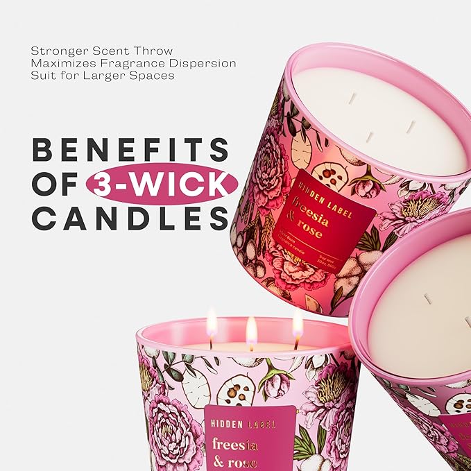Giant Candle Freesia Rose Scented, 30oz Natural Non Toxic Soy Candles, 3 Wicks Aromatherapy Candles for Home Scented, Up to 100Hours Clean Burn,Long Lasting, Extra Large Jar Candles for Women - Bloomnest