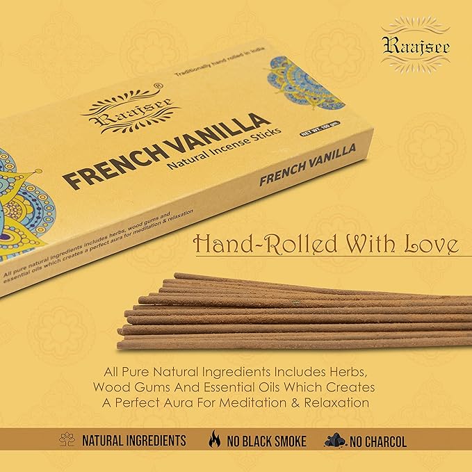Raajsee Vnilla Incense Sticks 100 Gm Pack-100% Natural Insence Sticks -Organic Non Toxic - Charcoal Free - for Church,Aroma Therapy,Relaxation,Meditation RAAJSEE