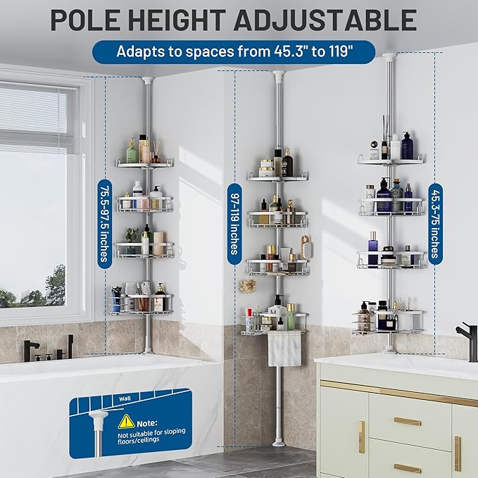 Corner Shower Caddy Tension Pole, 4 Tier Adjustable No Drill Rustproof Large Capacity Space-Saving Shower Shelves Organizer Storage Rack 45.29-119in for Bathroom Bathtub Family Renters, Chrome - Bloomnest
