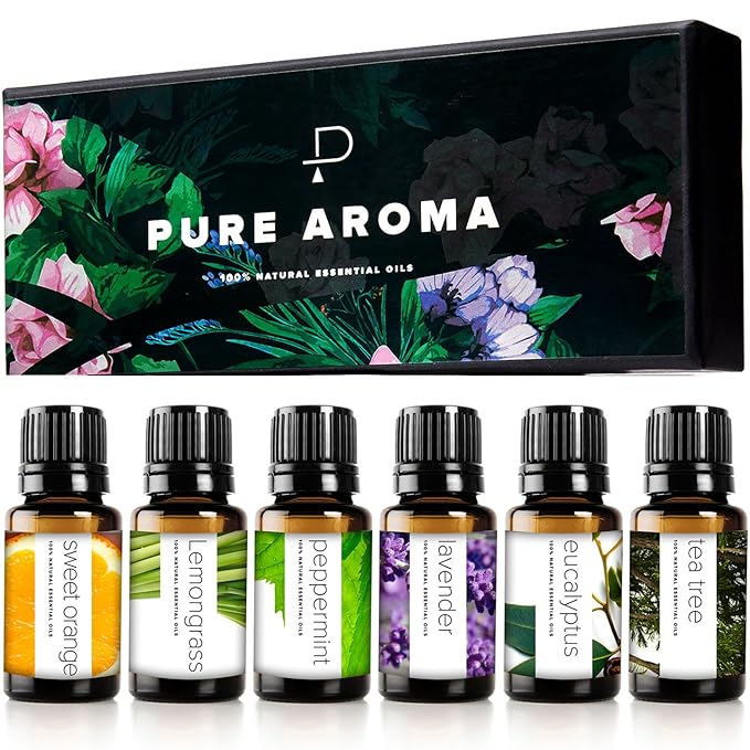Essential Oils Set by Pure Aroma - Top 6 Aromatherapy Oils Gift Set-6 Pack, 10ml (Eucalyptus, Lavender, Lemongrass, Sweet Orange, Peppermint, Tea Tree) - Bloomnest
