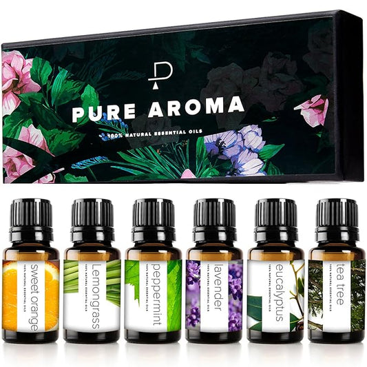 Essential Oils Set by Pure Aroma - Top 6 Aromatherapy Oils Gift Set-6 Pack, 10ml (Eucalyptus, Lavender, Lemongrass, Sweet Orange, Peppermint, Tea Tree) - Bloomnest