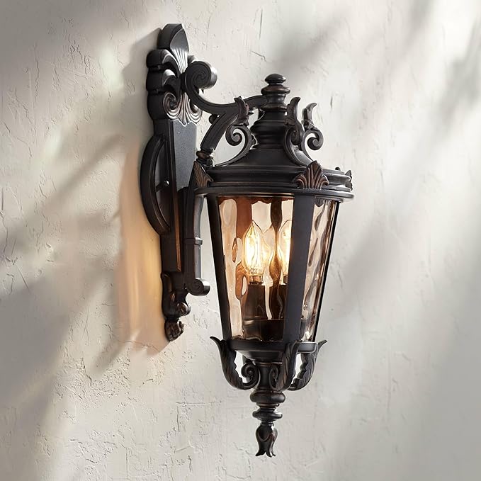 John Timberland Casa Marseille European Outdoor Wall Light Fixture Bronze Scroll 21 3/4" Champagne Hammered Glass for Exterior House Porch Patio Outside Deck Garage Front Door Garden Home - Bloomnest
