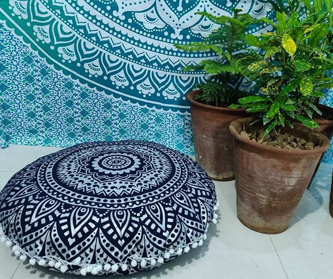 INDIAN CRAFT CASTLE 24" Blue Silver Mandala Barmeri Large Floor Pillow Cover Cushion Meditation Seating Ottoman Throw Cover Hippie Decorative Zipped Bohemian Pouf Ottoman Pom Pom Cases 24" Round - Bloomnest