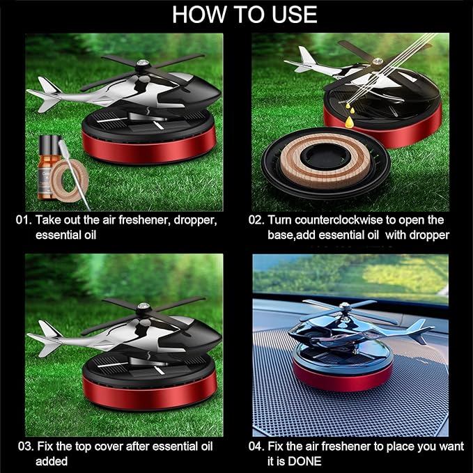 Al Alloy Solar Powered Rotating Helicopter Shape Car air purifier, Home and Car Interior Decoration Accessories (Red) - Bloomnest