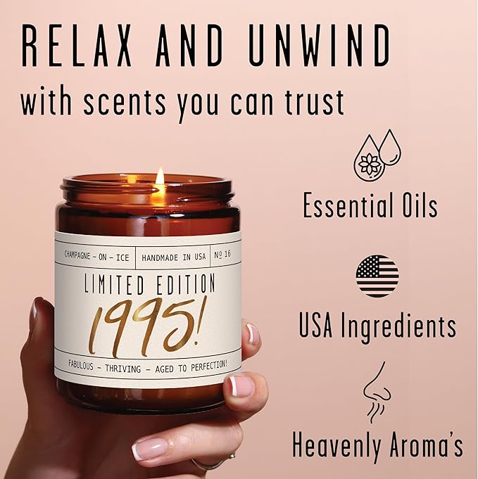 30th Birthday Gifts for Women - 'Limited Edition 1995' Soy Candle, w/Champagne on Ice I 1995 30th Birthday Gifts for Her I 9oz Reusable Jar, 50Hr Burn, Made in USA - Bloomnest