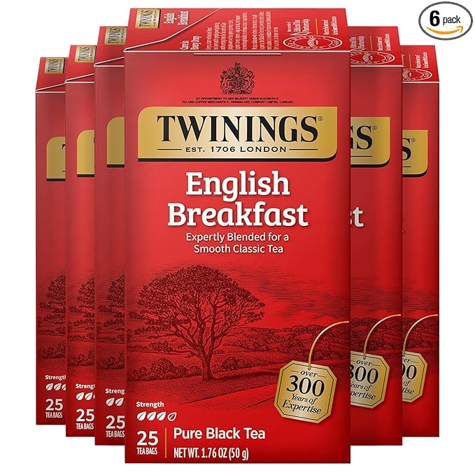 Twinings English Breakfast Black Tea Individually Wrapped Bags, 25 Count (Pack of 6), Flavourful, Robust Black Tea, Caffeinated, Enjoy Hot or Iced, 150 Teabags - Bloomnest