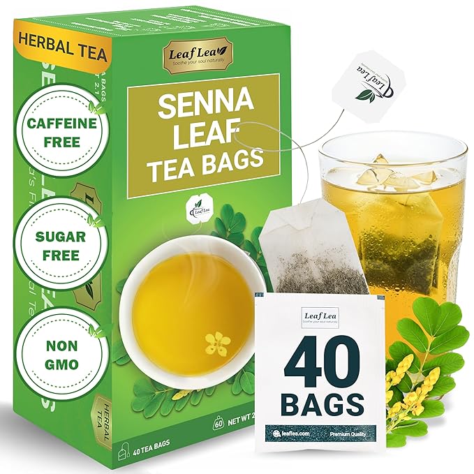 LeafLea 40 Senna Tea Bags – 100% Pure Senna Leaves, Herbal Laxative Tea for Gentle Constipation Relief, Caffeine-Free, Sugar-Free, Gluten-Free, Non-GMO, Vegan, Supports Digestive Health - Bloomnest