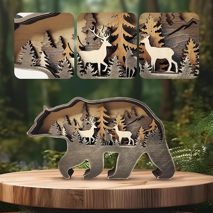 3D Wood Carving Animals Lamp Home Decorative, Cute Bear Family Elephant Presents Ideas Christmas Living Room Office Decor Warm LED Night Lights Gift for Friend Daughter Son Mom Dad (Forest Bear) - Bloomnest