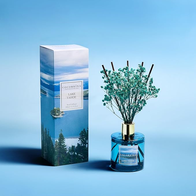 COCORRÍNA Reed Diffuser - Lake Tahoe 6.7 Fl.oz Reed Diffuser Set with 8 Sticks & Preserved Baby's Breath, Reed Diffuser for Home Bathroom Shelf Decor - Bloomnest