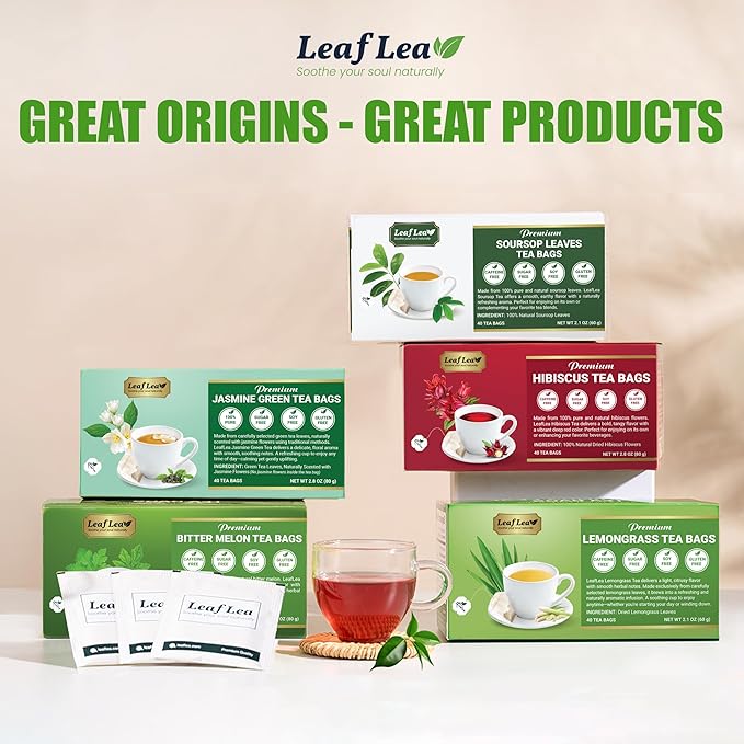 LeafLea 40 Jasmine Green Tea Bags, Premium Green Tea Scented with Jasmine Flowers for Gentle Support & Light Alertness, Floral Smoothness, Caffeinated, Sugar-Free, Non-GMO, Vegan, Individually Wrapped - Bloomnest