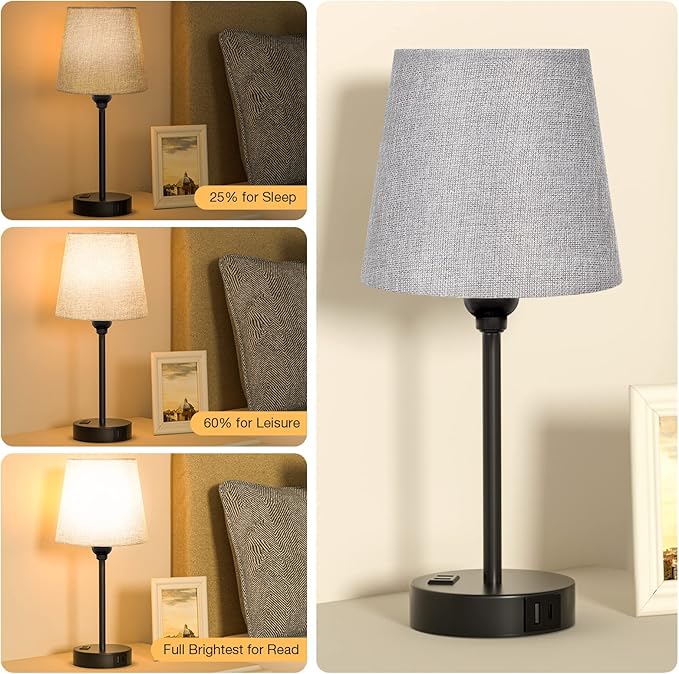 Grey Bedside Lamps for bedrooms Set of 2 - Nightstand Bedroom Lamp with USB C Port and AC Outlet Charging, 3 Way Dimmable Touch Control Small Bed Side Table Lamp, Night Stand Light for Kids/Guest Room - Bloomnest