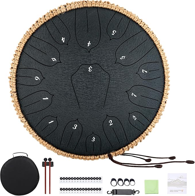 Steel Tongue Drum 12 Inch 15 Notes: Handpan Drums Set with Music Book Mallets Carry Bag - Hand Pan Instrument for Adults Musical Education Meditation Yoga Chakra (Black)
