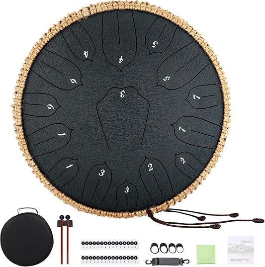 Steel Tongue Drum 12 Inch 15 Notes: Handpan Drums Set with Music Book Mallets Carry Bag - Hand Pan Instrument for Adults Musical Education Meditation Yoga Chakra (Black)