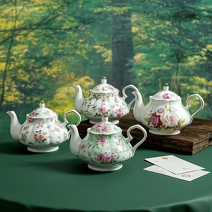 Flower Ceramic Teapot,22oz Porcelain Tea pot for Tea Coffee Milk for Office Home Men Women as Gift (Green) - Bloomnest