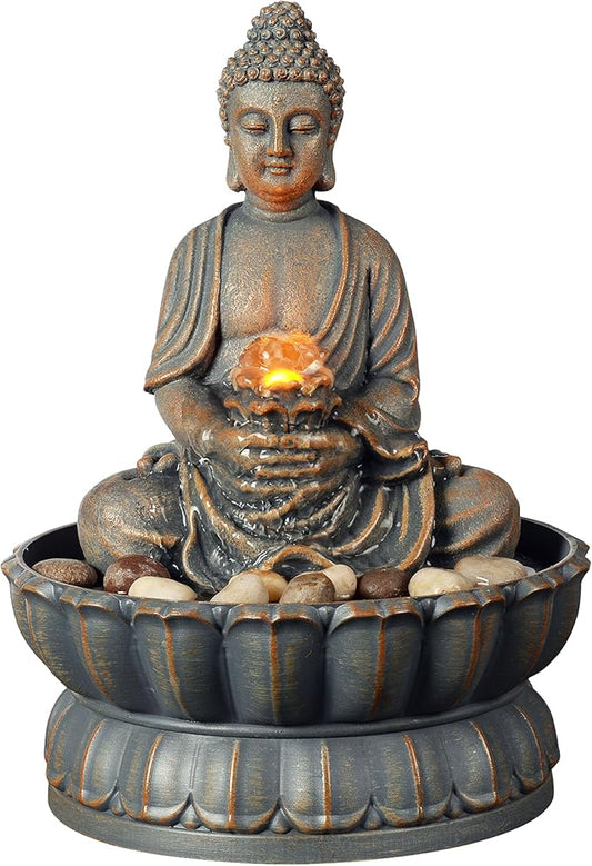 Kalona Home Décor 9.6" Tabletop Fountain Exquisite Smile Sitting Buddha Fountains Desk Water Fountain Decorative Zen Fountain w/Reflective Lighting/Cobblestone Office and Home Decor(21125A) - Bloomnest