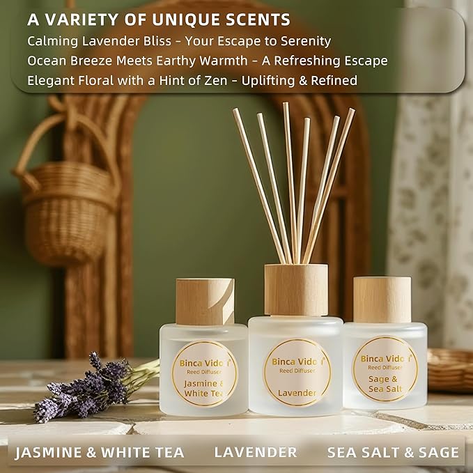 Reed Diffuser Set of 3, Binca Vidou Lavender, Jasmine & White Tea, Sage & Sea Salt Natural Scent Oil Diffusers with Sticks for Home Office Bathroom Aromatherapy Decor 1.69oz x 3 - Bloomnest
