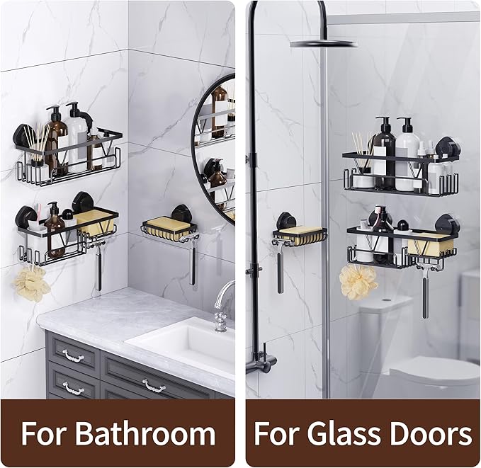 KEGII Shower Caddy Suction Cup, 3 Pack Removable Shower Shelves with Hooks & Soap Holder, No Drilling Bathroom Organizer, Waterproof Suction Storage for Inside Shower, Black - Bloomnest