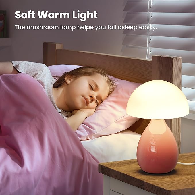 Mushroom Lamp Table Light, Mini Modern Lamp Bedside Small Table Nightstand LED, Small Light Dimmable for Bedroom, Living Room, Ceramic Base Glass Led Home Decor for Woman Children Gift - Bloomnest