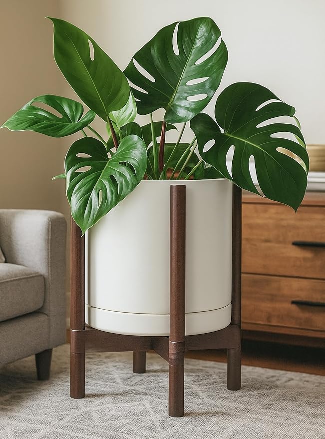 D'vine Dev Ceramic Planter with Walnut Color Stand - 12 Inch Modern Round Flower Pot with Wood Planter Holder, Oatmeal, 55-B-W-8 - Bloomnest
