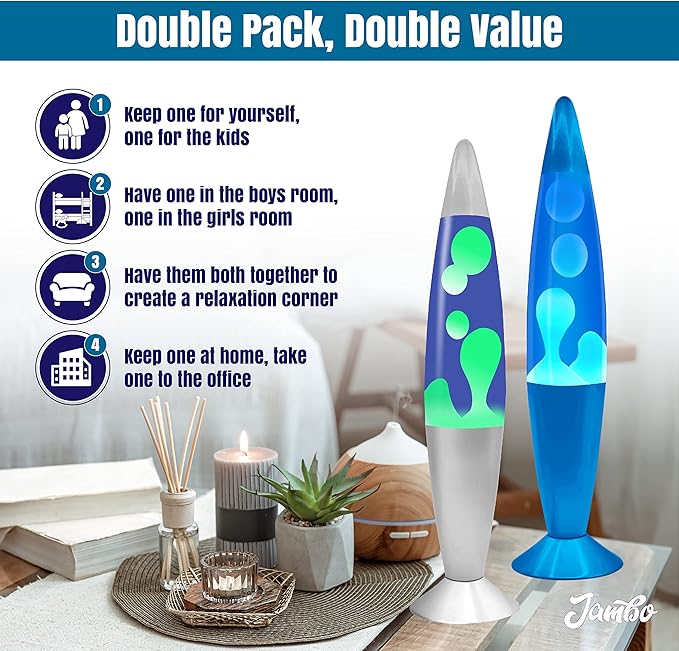 JAMBO 2 Pack- 16" Beautiful Lamp- Silver with Yellow/Green Wax and Blue with Blue/White Wax, Relaxing Liquid Lamp, Night Light Nightlight, Lamps for Adults Teens Kid - Bloomnest