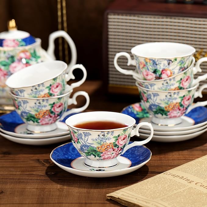 fanquare 21-Piece Blue Lace Porcelain Tea Set, China Coffee Cup and Saucer Set for 6, Pink Flower Tea Sets for Adults Women - Bloomnest