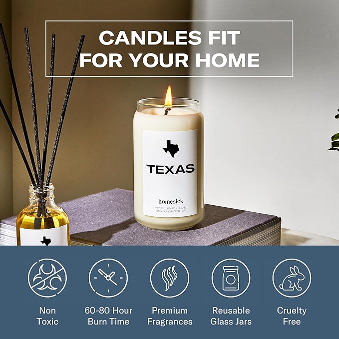 Homesick Scented Candles for Home (Texas) - 13.75 oz Long-Lasting Soy Wax Jar Candle for Women & Men for All Occasions, 60-80 Hours Burn Time - Notes of Pine Needles & Lime - Bloomnest