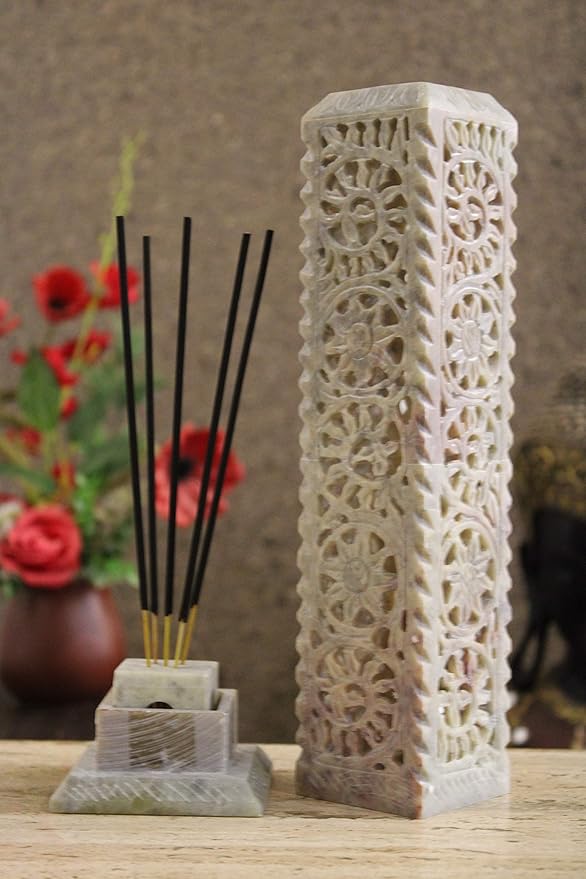 Carry Me Handmade Marble Soapstone Incense Stick Burner | Candle Stick Holder | Tea Light Stand - Floral Carving for Gifting. Decorative Incense Tower for Home and Office Decor. (3x3x11 Inches) - Bloomnest