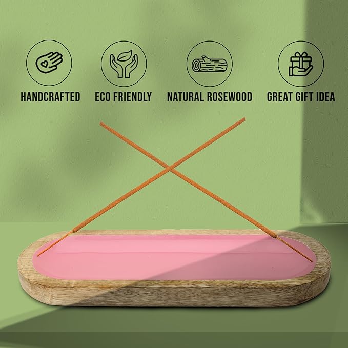 Hand Painted Pink Incense Holder-Incense Burner/Ash Catcher/Handmade Wooden Insence Tray – Modern Gift Home/Room/Kitchen Décor Size 11x4x1.2 Inches - Bloomnest
