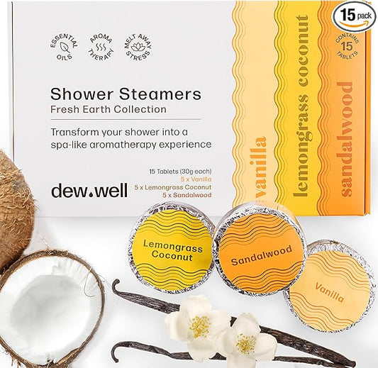 Dew Well - Shower Steamers Fresh Earth Collection - 15 Count Shower Bombs - Aromatherapy in Your Home - Helps Clear Congestion and Boost Mood - (Vanilla, Lemongrass Coconut, Sandalwood) - Bloomnest