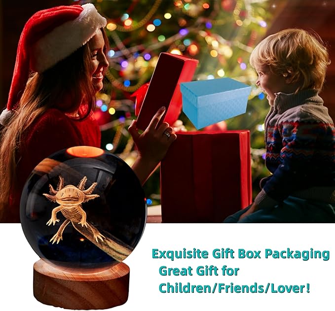 3.15 inch Axolotl Crystal Ball Lamp,3D K9 Crystal Ball Night Light with Wooden Base,16 Colors Change with Remote Control,Clear Glass Light,Birthday Gift for Friends (Axolotl) - Bloomnest