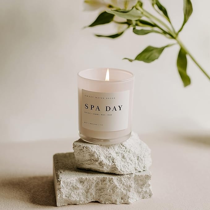 Sweet Water Decor Spa Day Candle - Spa Scented Soy Wax Candle for Home - Sea Salt, Jasmine, Wood, and Cream - 11oz Jar Candle with Wood Lid, 50+ Hour Burn Time, Made in The USA - Bloomnest