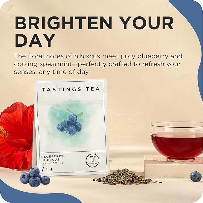 Tastings Tea Blueberry Hibiscus Loose Leaf Pouch 2.75 oz | Chinese Green Tea & Licorice Root with Elderberry, Spearmint & Natural Flavors | Light Caffeine | Tart & Fruity | Sustainably Sourced - Bloomnest